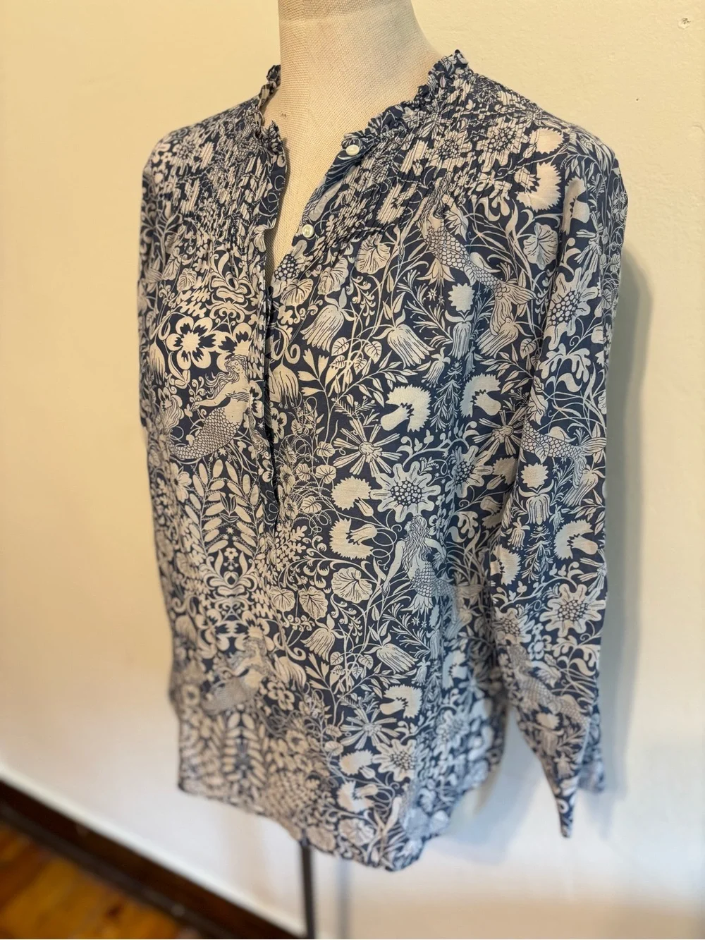 J.CREW Collection Silk-Cotton Smocked Ruffle-Neck Top in Mermaid Floral 4